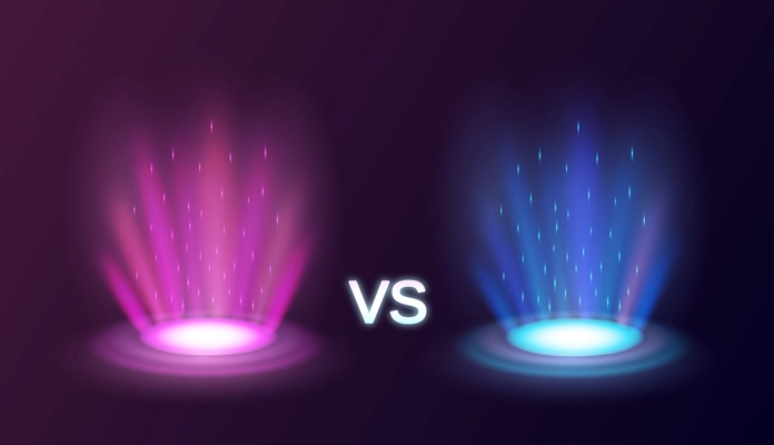 Realistic radiant magic portals pink vs blue with light effects on black background vector illustration