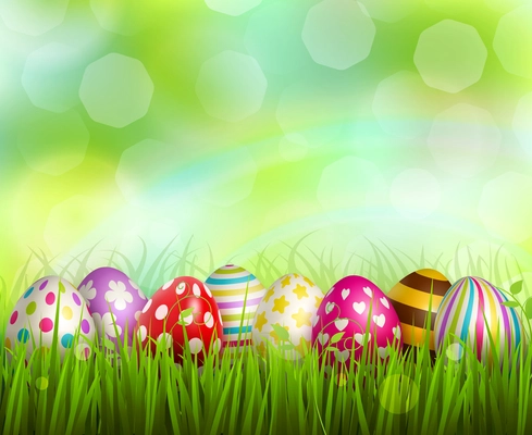 Colorful painted easter eggs on green grass on blurred background with bokeh realistic vector illustration