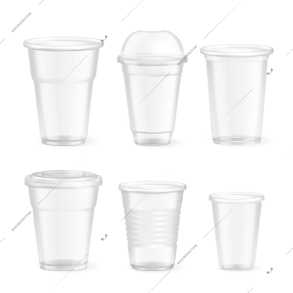 Set of realistic plastic disposable food glasses of various size on white background isolated vector illustration