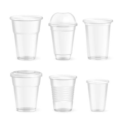 Set of realistic plastic disposable food glasses of various size on white background isolated vector illustration