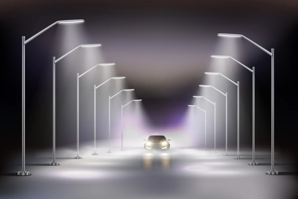 Street lights realistic in fog composition with car in the light of night street lamps vector illustration