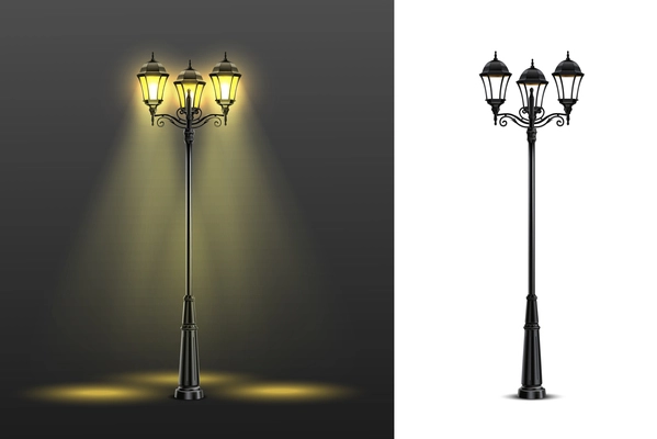 Two realistic street lights composition set with multicolored and black and white compositions vector illustration