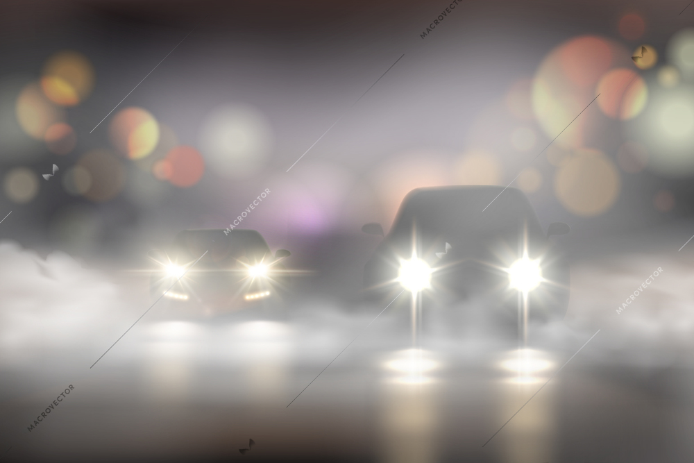 Realistic car lights in fog composition with two cars on the road and bokeh texture vector Illustration