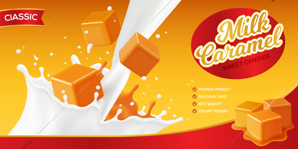 Realistic caramel poster composition with editable brand name and images of milk splashes and candy cubes vector illustration