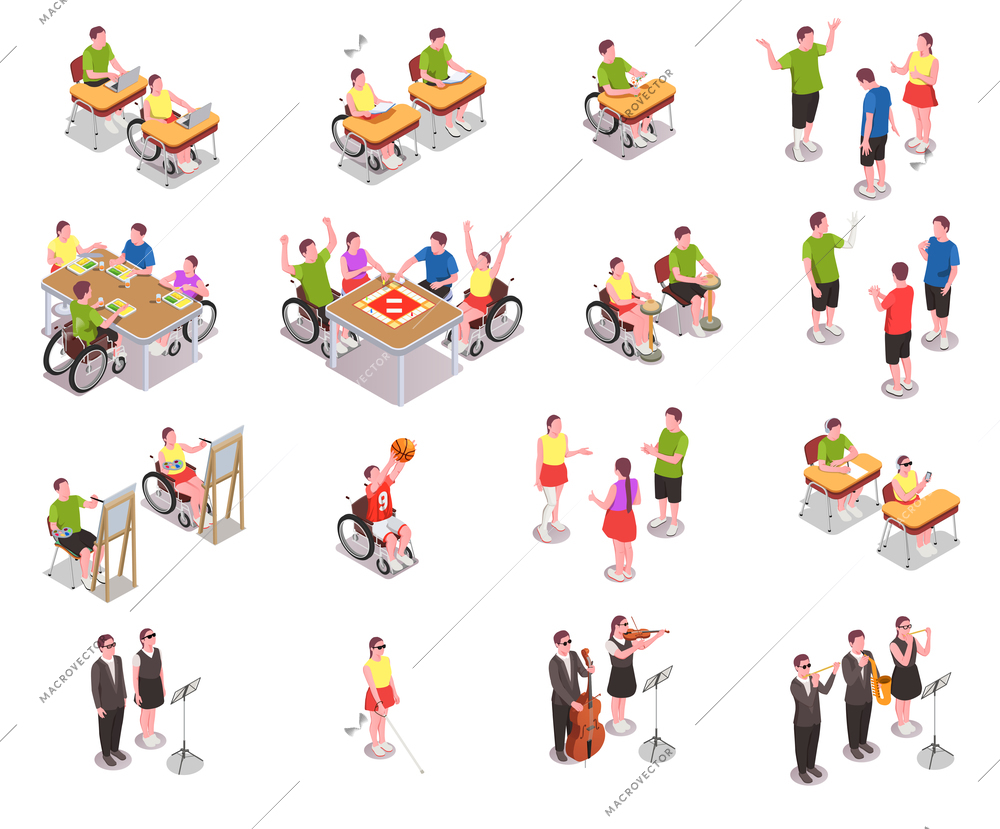 Inclusive education isometric icons set with disabled people in different situations at school isolated on white background 3d vector illustration