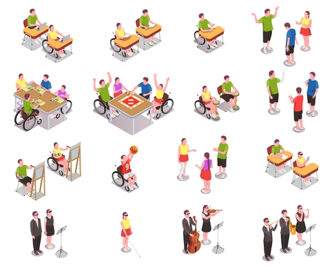 Inclusive education isometric icons set with disabled people in different situations at school isolated on white background 3d vector illustration