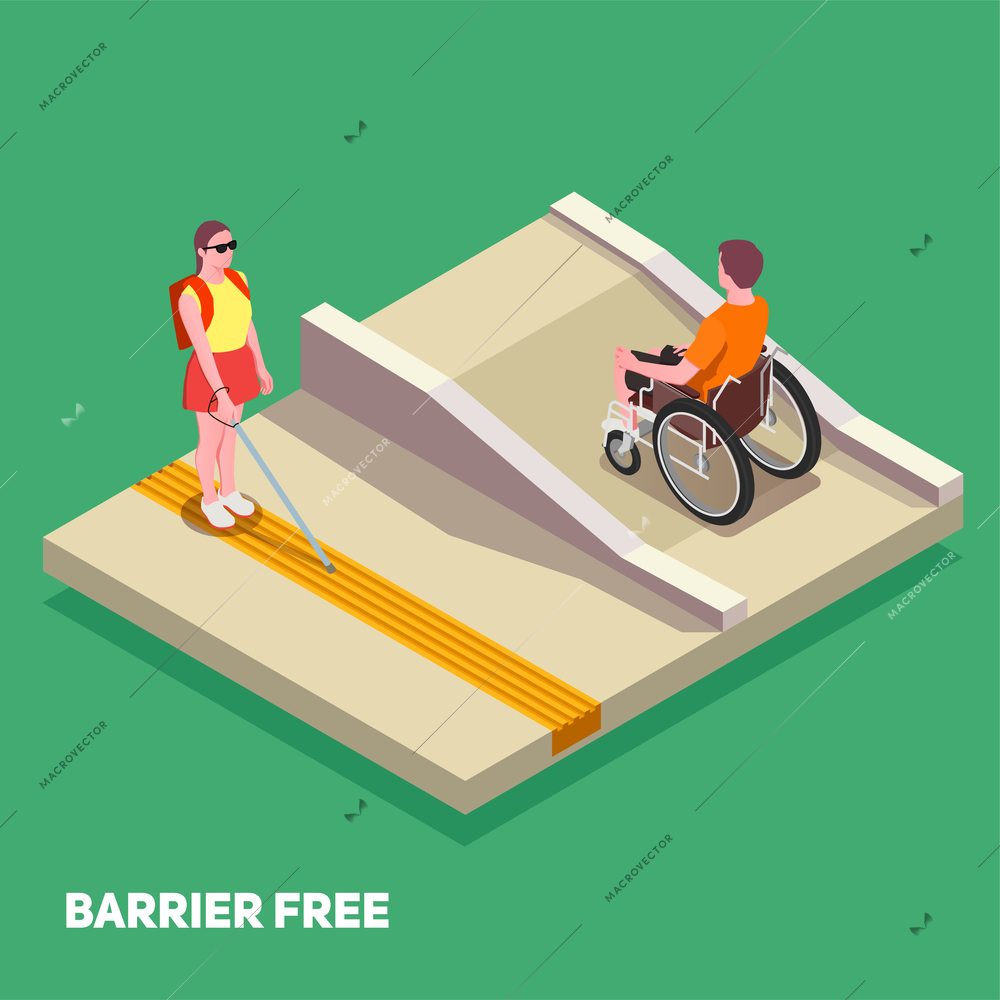 Inclusive education composition with boy in wheelchair and girl with white cane 3d isometric vector illustration