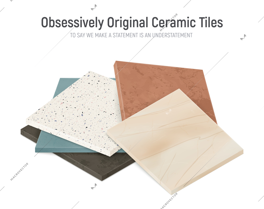 Realistic ceramic floor tiles samples composition with bunch of square faced tile patterns with different textures vector illustration