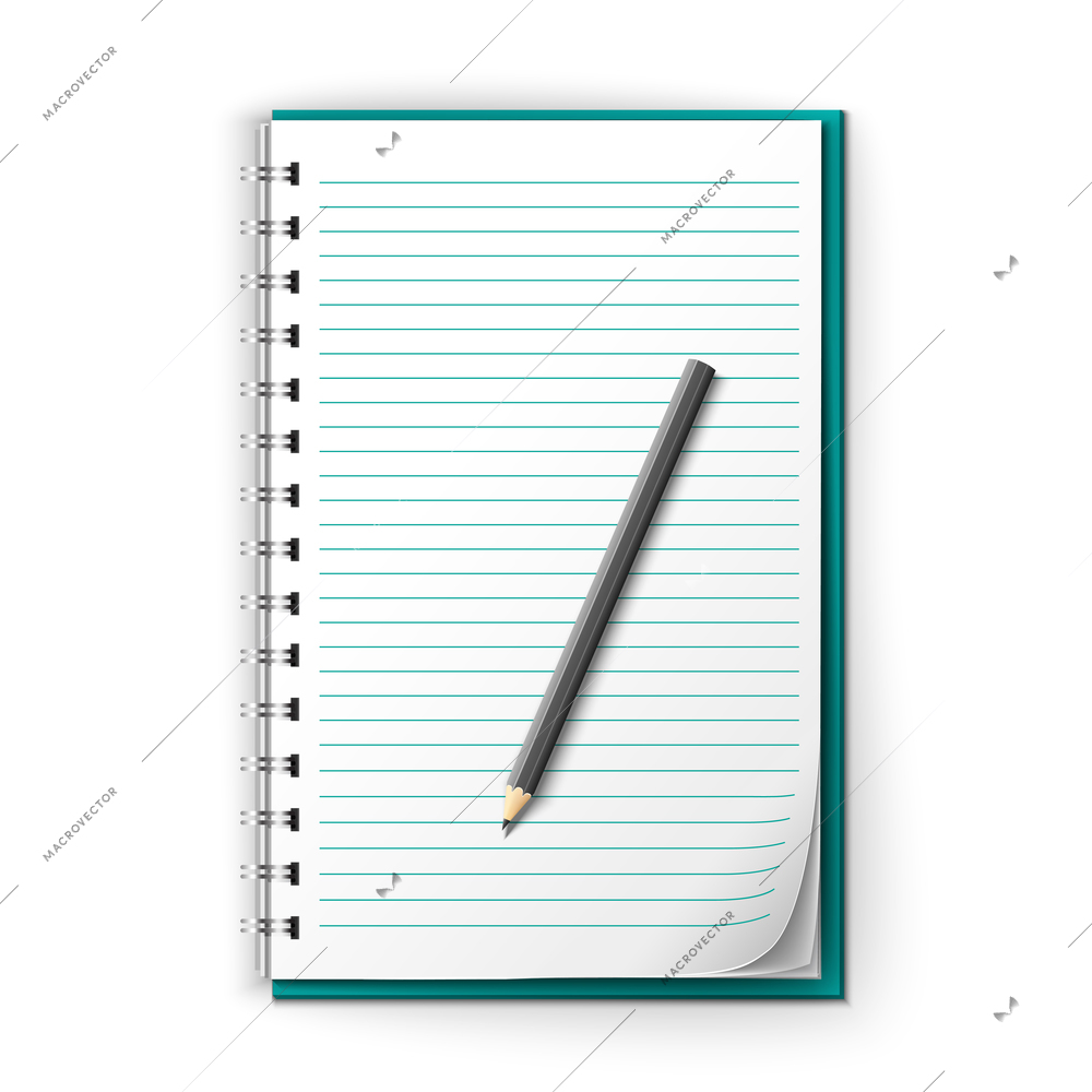 Realistic white lined notepad and pencil sheet isolated on white background vector illustration.