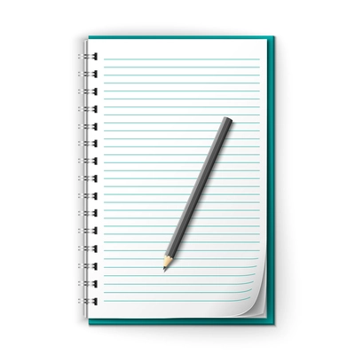 Realistic white lined notepad and pencil sheet isolated on white background vector illustration.