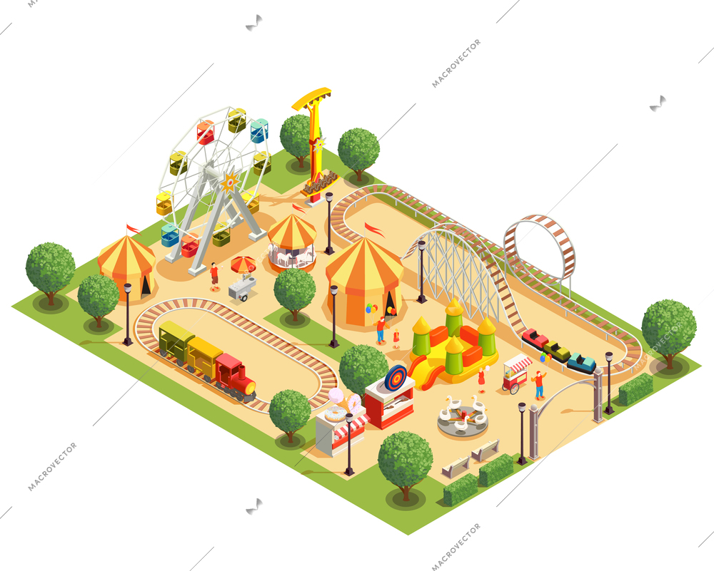 Amusement park with roller coaster carousels ferris wheel tents isometric composition on white background 3d vector illustration