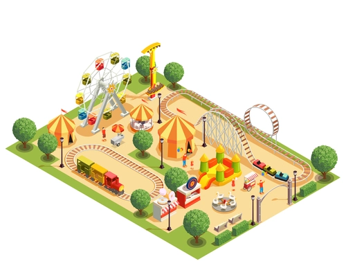 Amusement park with roller coaster carousels ferris wheel tents isometric composition on white background 3d vector illustration