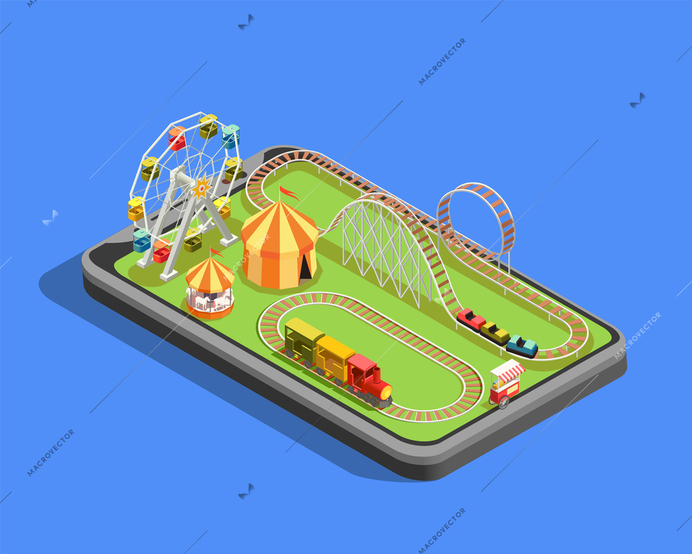 Isometric composition with different attractions in amusement park on blue background 3d vector illustration