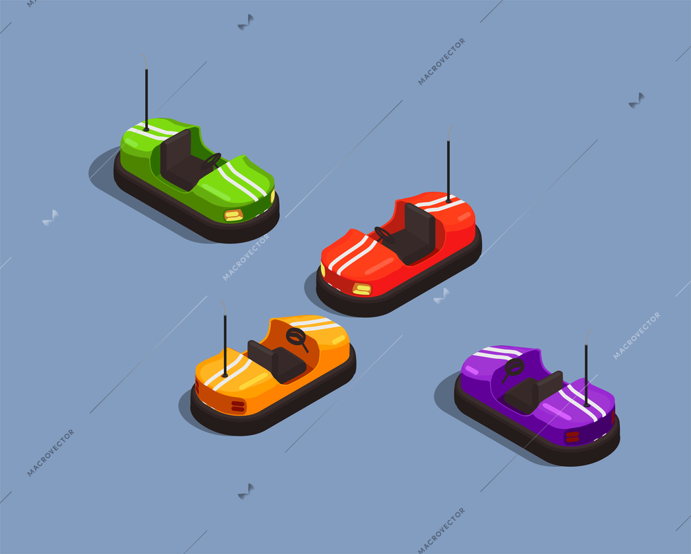 Isometric composition with four colorful bump cars in amusement park 3d isolated vector illustration