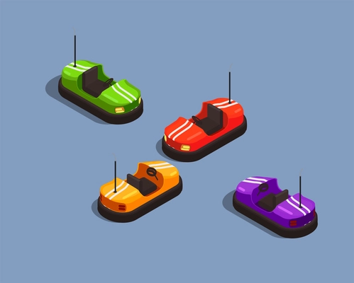 Isometric composition with four colorful bump cars in amusement park 3d isolated vector illustration