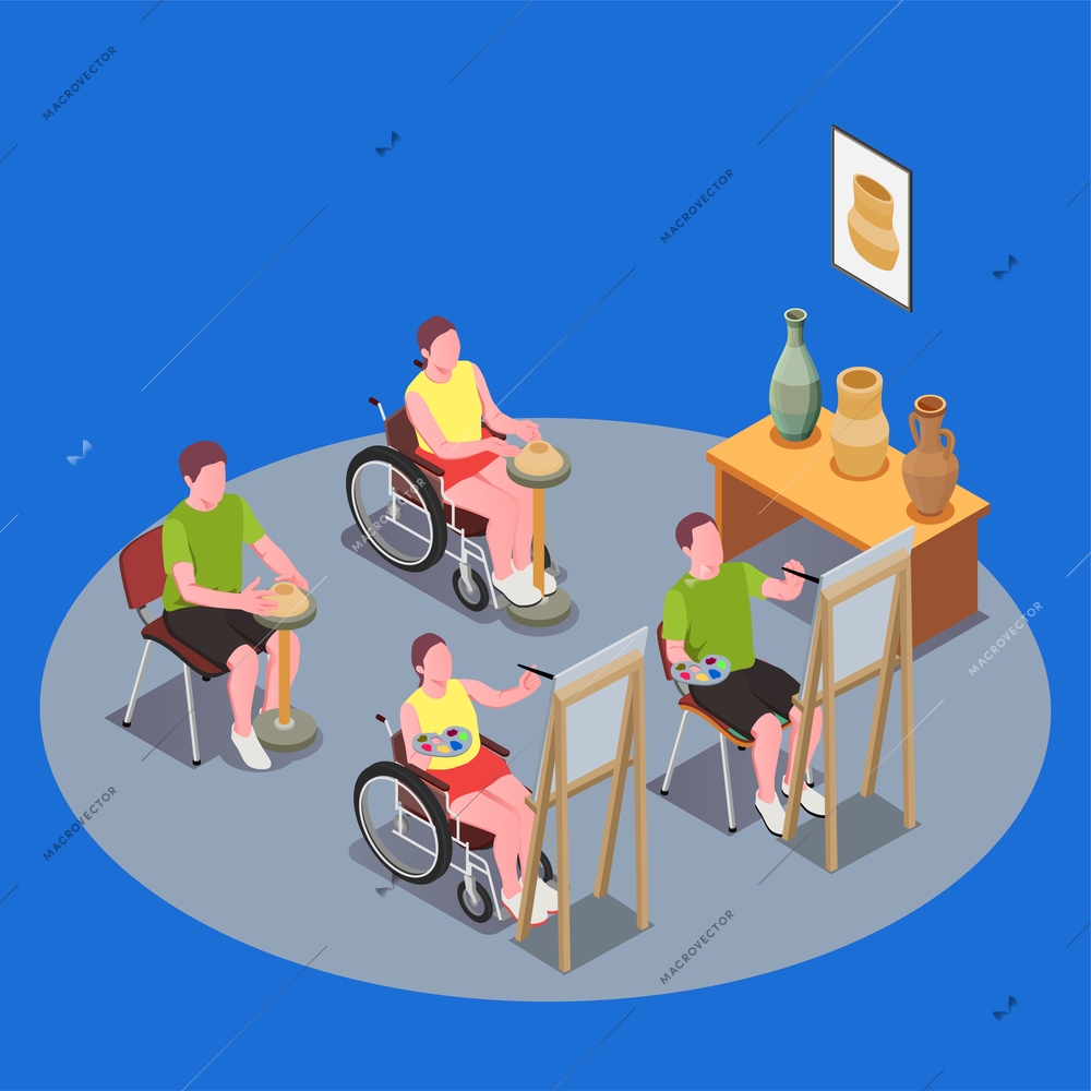 Inclusive education composition with people in wheelchairs having art lesson 3d vector illustration