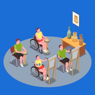 Inclusive education composition with people in wheelchairs having art lesson 3d vector illustration