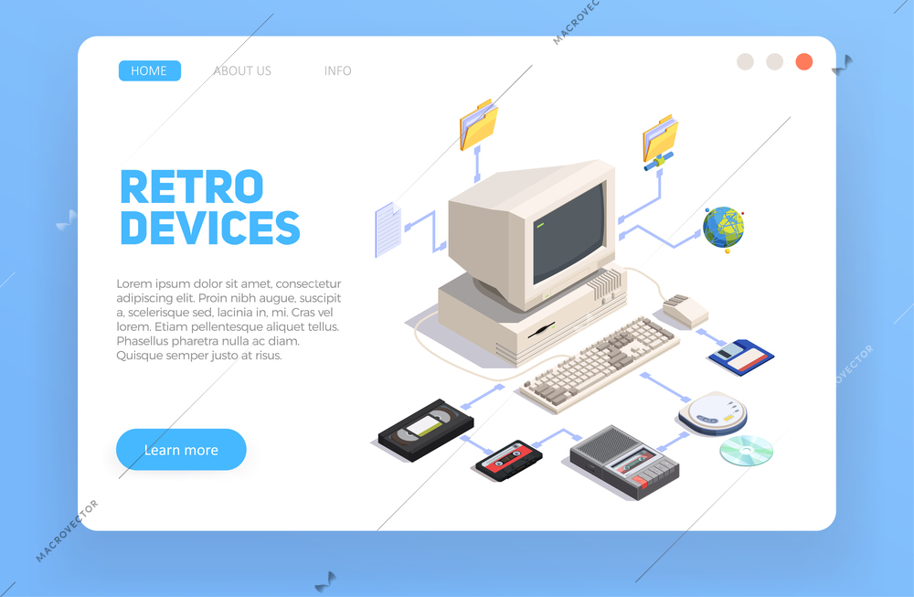 Isometric composition with personal computer and other retro gadgets 3d vector illustration