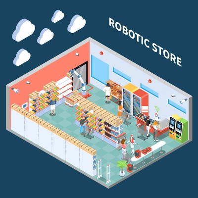 Robotic store isometric composition with interior of supermarket trading hall  equipped with equipment of future vector illustration