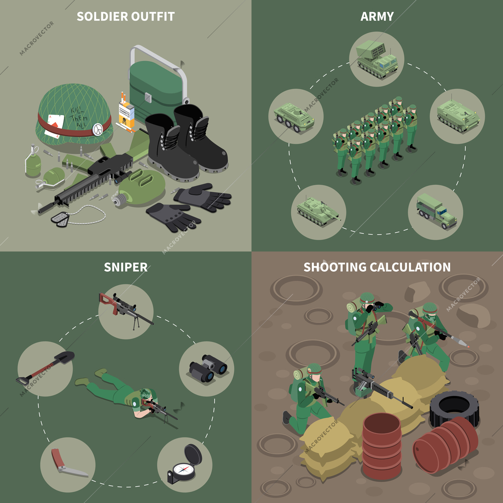 Army 2x2 design concept set of sniper soldier outfit shooting calculation square icons isometric vector illustration