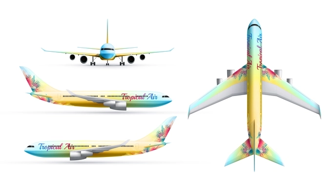 Colorful airliners realistic identity set of passenger airplane in profile top and from front isolated vector illustration