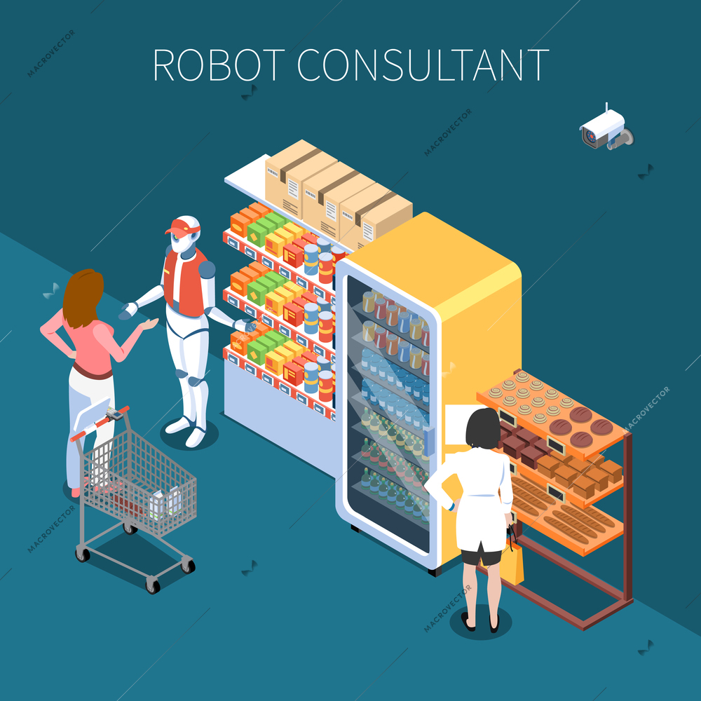 Shop technology isometric background with buyers and robot consultant in store of future interior vector illustration