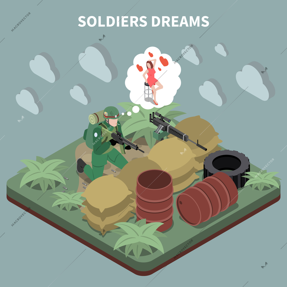 Soldiers dreams isometric composition with sniper sitting in entrenchment and remembering his girlfriend vector illustration