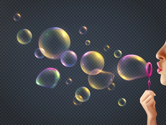 Girl blowing soap bubbles with rainbow reflection on transparent background realistic vector illustration