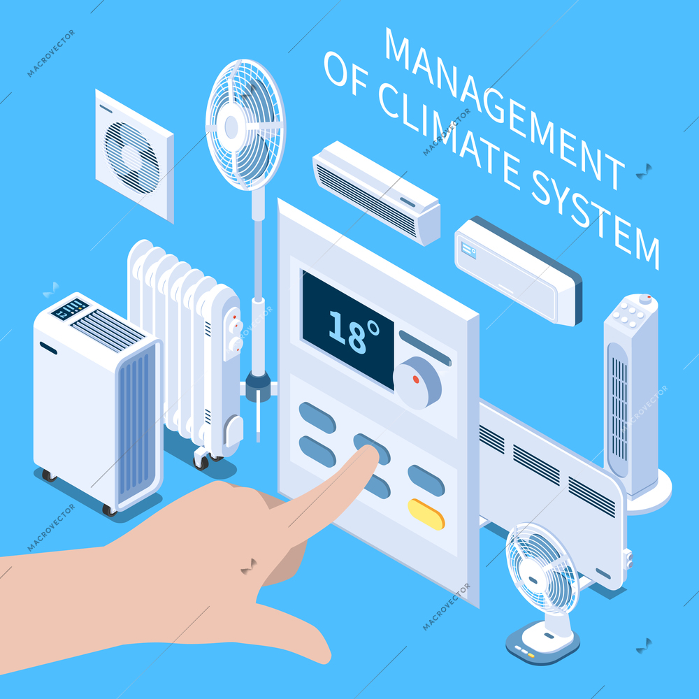 Management of climate system isometric composition with human hand setting temperature mode on control panel for air conditioner vector illustration