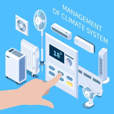 Management of climate system isometric composition with human hand setting temperature mode on control panel for air conditioner vector illustration