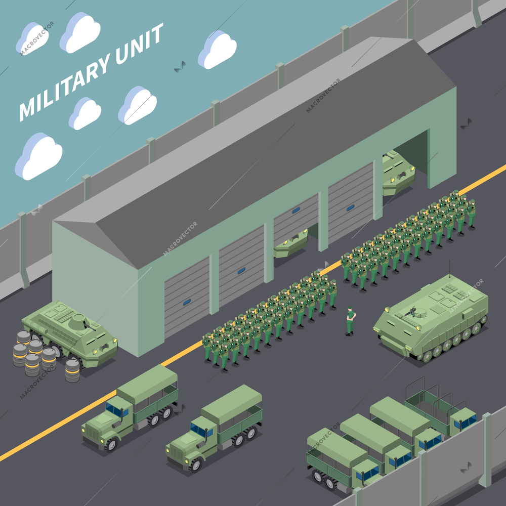 Military unit isometric composition with army trucks infantry fighting vehicles and soldiers  in the ranks vector illustration
