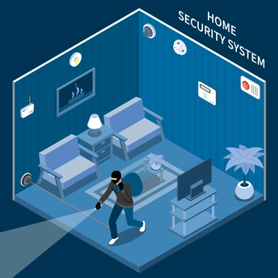 Home security isometric composition with thief in room equipped with laser alarm system and different sensors vector illustration