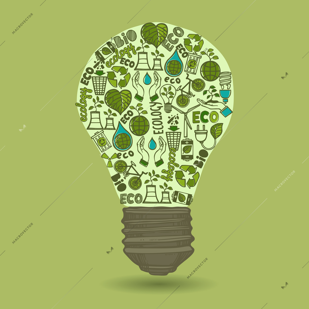 Lightbulb with sketch ecology and waste icons inside isolated on green background vector illustration