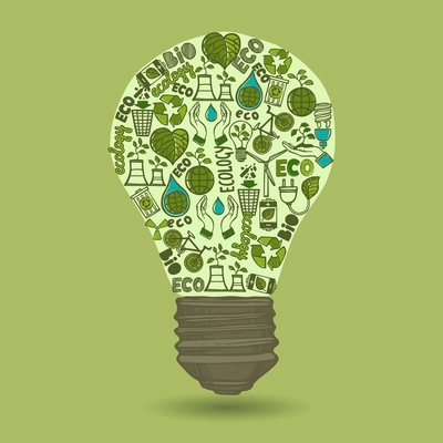 Lightbulb with sketch ecology and waste icons inside isolated on green background vector illustration