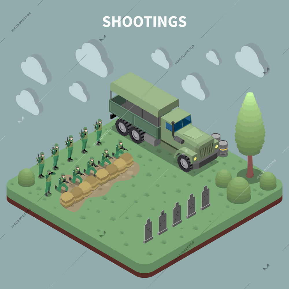 People in army isometric background with troop of soldiers arrived on military truck for target shooting training vector illustration