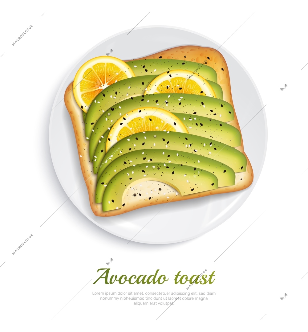 Fresh toasted bread with slices of ripe avocado and lemon on white plate realistic design concept vector illustration