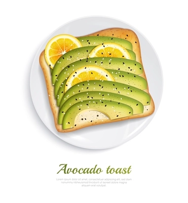 Fresh toasted bread with slices of ripe avocado and lemon on white plate realistic design concept vector illustration