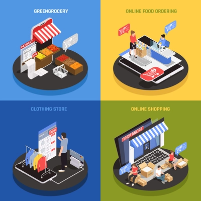 Mobile shopping concept icons set with online food ordering symbols isometric isolated vector illustration