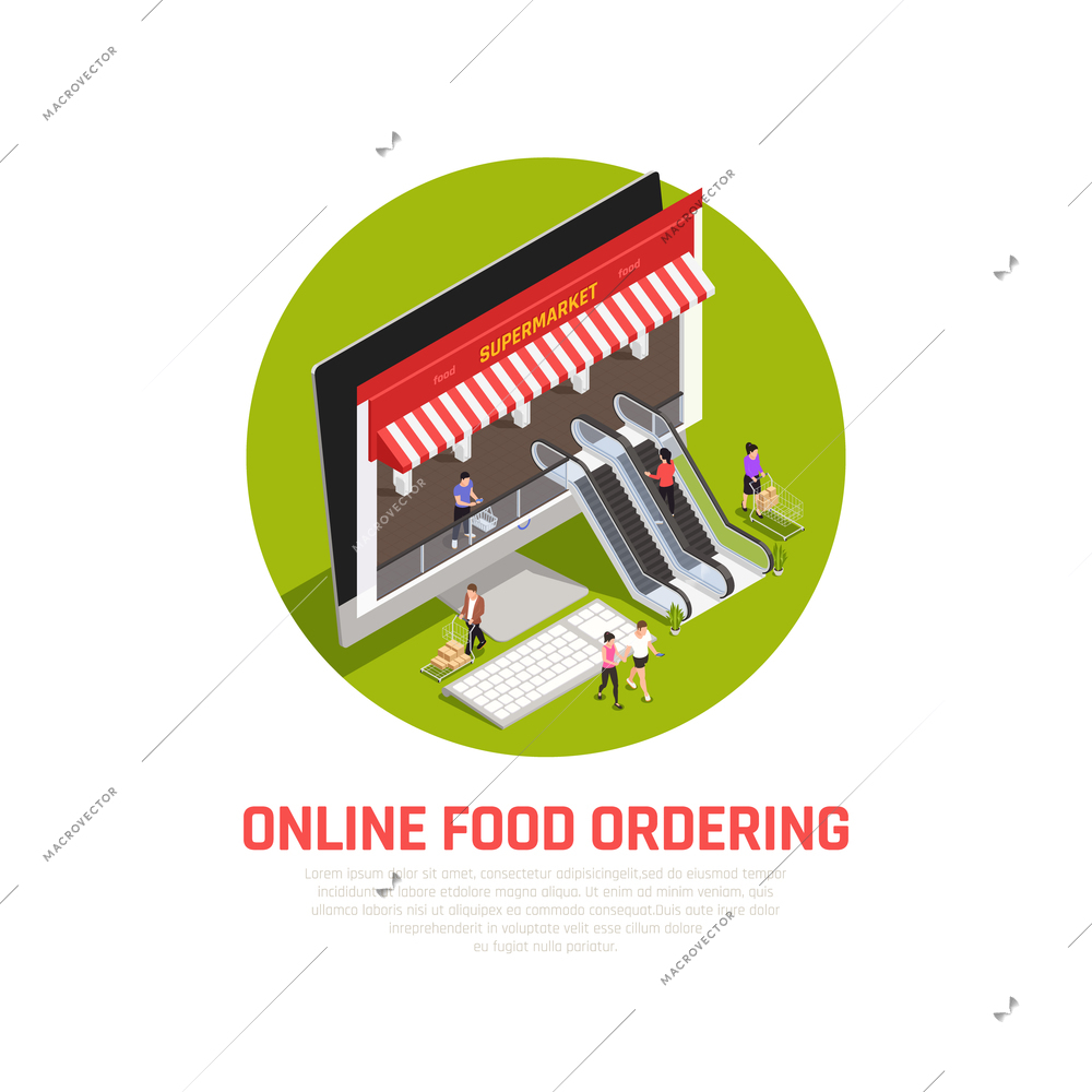 Mobile food oedering concept with online purchase symbols isometric vector illustration