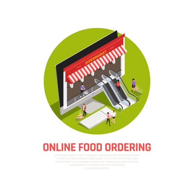 Mobile food oedering concept with online purchase symbols isometric vector illustration