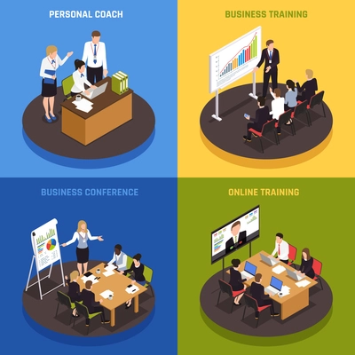 Business coaching isometric icons set with strategy and success symbols isolated vector illustration