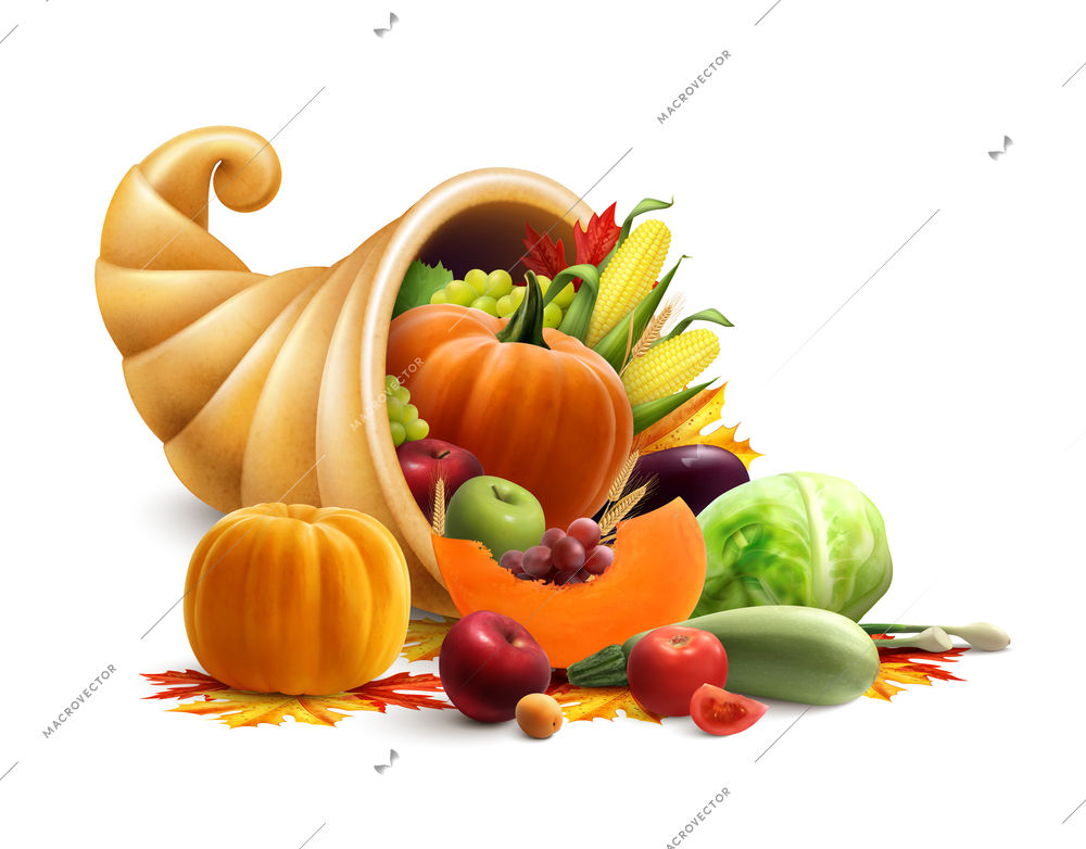 Thanksgiving or golden horn of plenty design concept with cornucopia full of vegetables and fruit produce vector illustration
