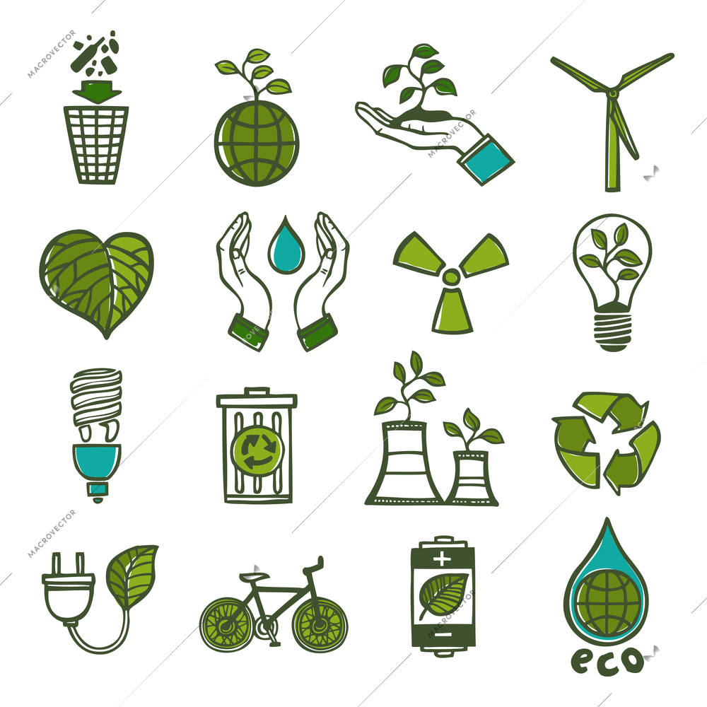 Ecology and waste colored icons set of global environment energy and recycling isolated vector illustration