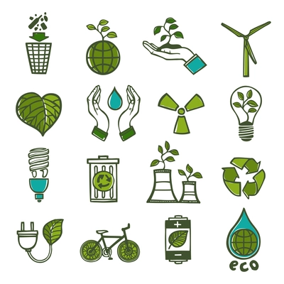 Ecology and waste colored icons set of global environment energy and recycling isolated vector illustration