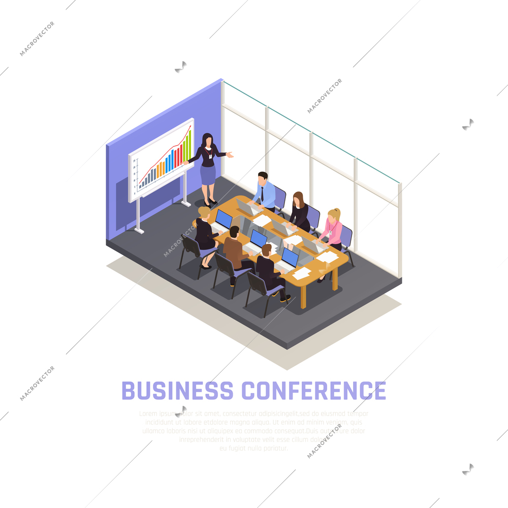 Business coaching isometric concept with business conference symbols  vector illustration