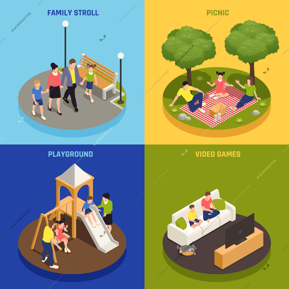 Family playing concept icons set with picnic and video games symbols isometric isolated vector illustration