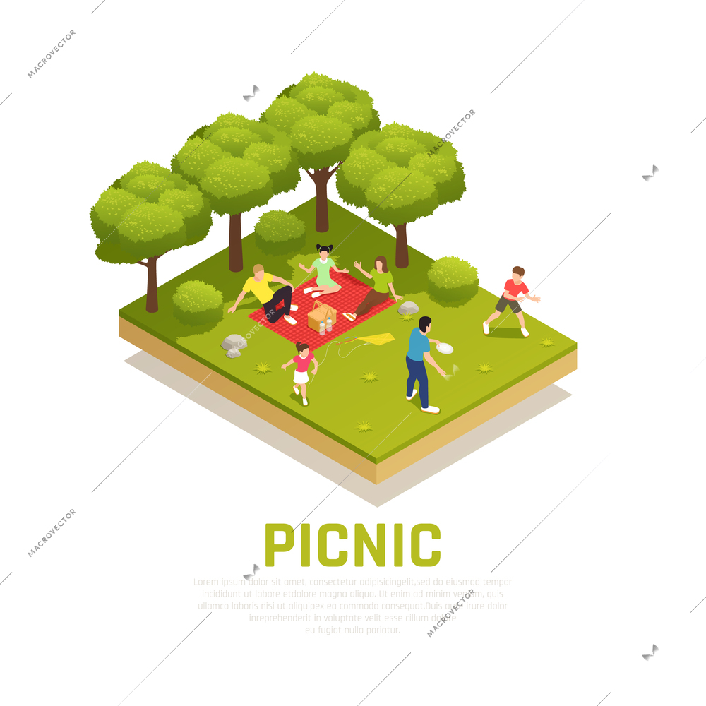 Family playing concept with family picnic in park symbols isometric vector illustration