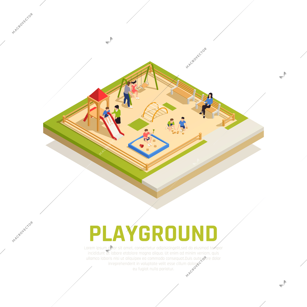 Family playing isometric concept with playground with kids symbols vector illustration