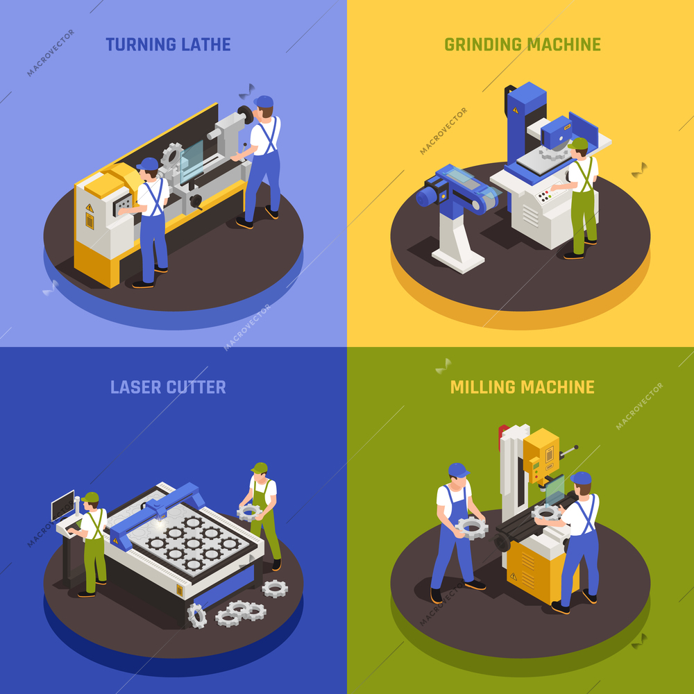 Industrial machinery concept icons set with milling machine symbols isometric isolated vector illustration