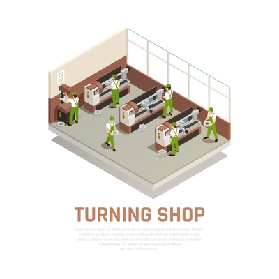 Industrial machinery concept with turning shop symbols isometric vector illustration